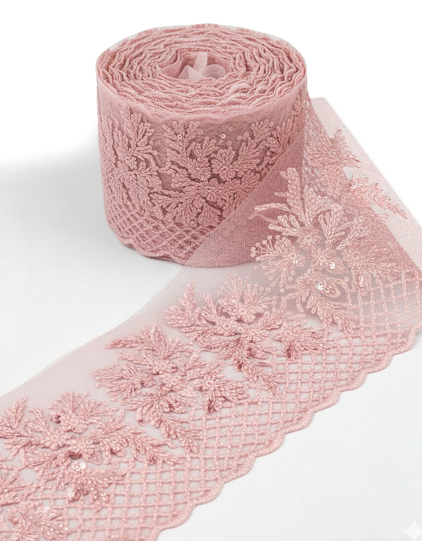 Aurora Blossom Beaded Border Lace - (Pink)
